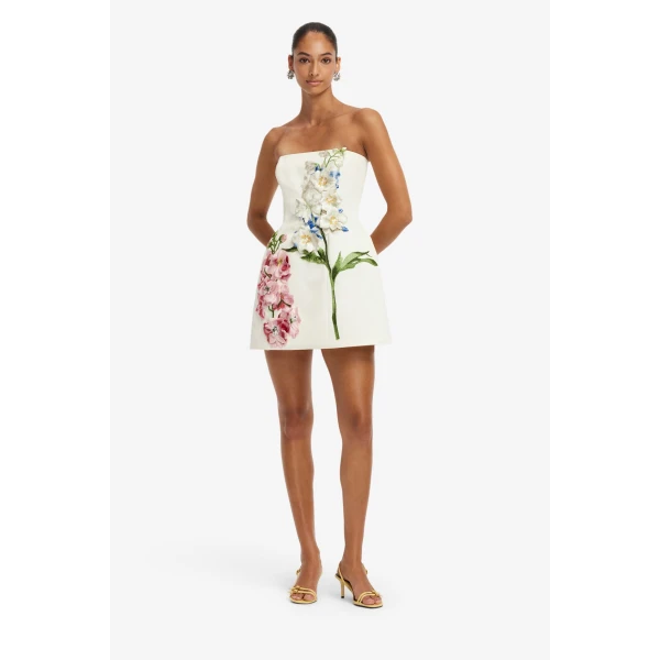 Leo Lin Roselle Embroidered Bustier Mini Dress in Snapdragon Print in Snow, view 3