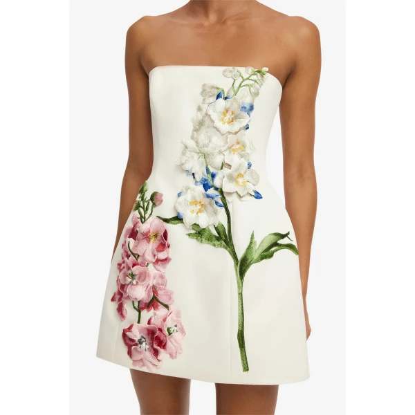 Leo Lin Roselle Embroidered Bustier Mini Dress in Snapdragon Print in Snow, view 6