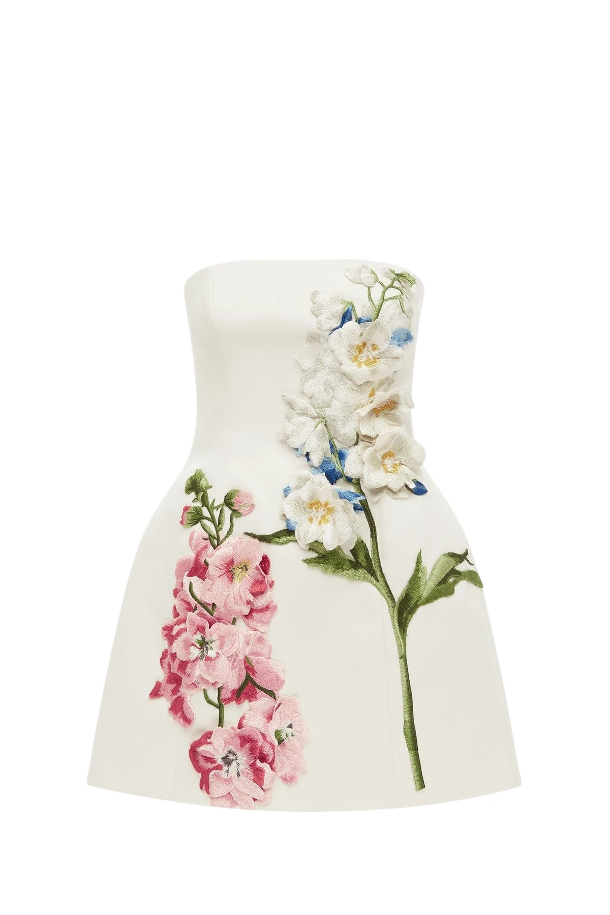 Roselle Embroidered Bustier Mini Dress in Snapdragon Print in Snow
