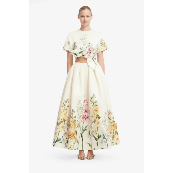 Leo Lin Victoria Embroidered Puff Maxi Skirt in Snapdragon Print in Snow, view 2