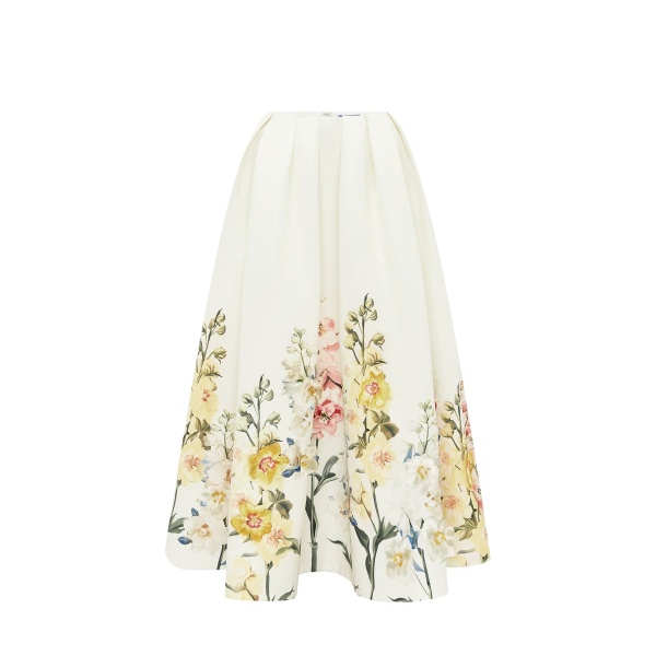 Leo Lin Victoria Embroidered Puff Maxi Skirt in Snapdragon Print in Snow