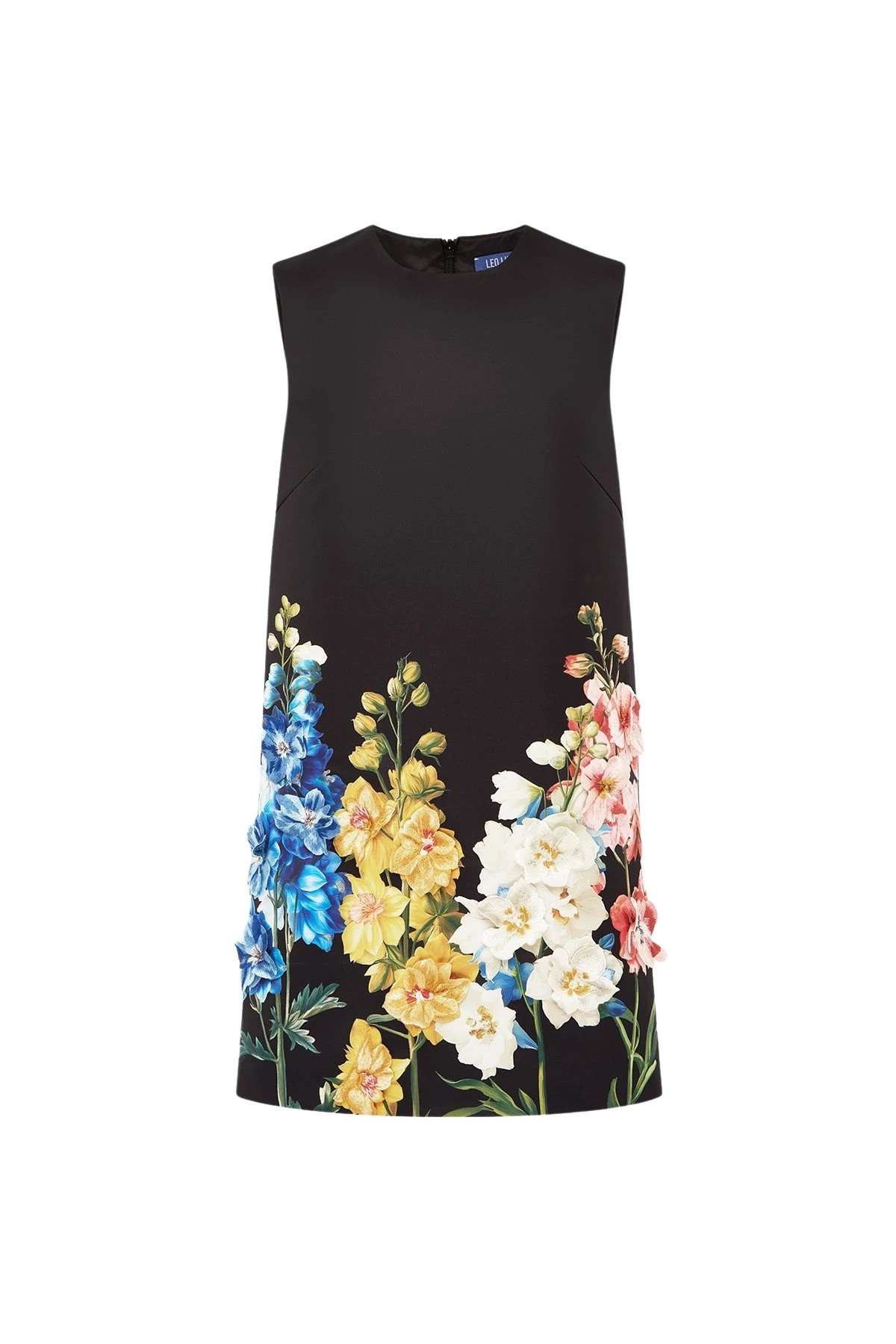 Yvonne Embroidered Mini Dress in Snapdragon Print in Ebony