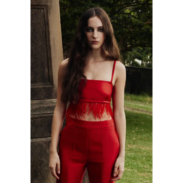 Macgraw Birdy Bra in Red with Feather Trim Top, view 3