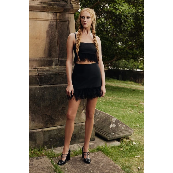 Macgraw Century Skirt in Black with feather trim, view 2