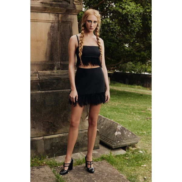 Macgraw Century Skirt in Black with feather trim, view 3