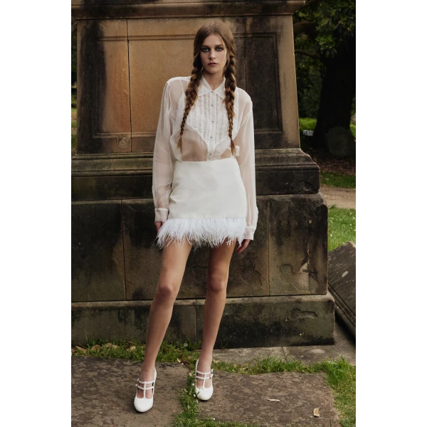 Macgraw Century Skirt in Ivory with feather trim, view 2