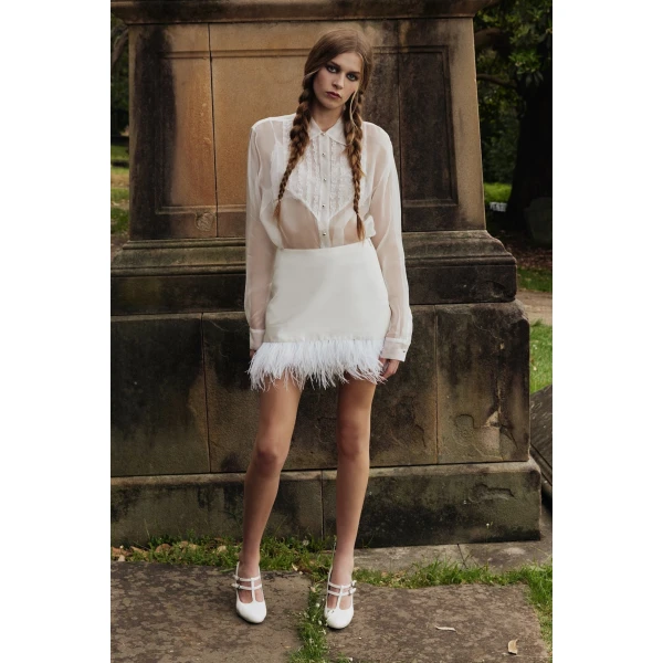 Macgraw Century Skirt in Ivory with feather trim, view 3