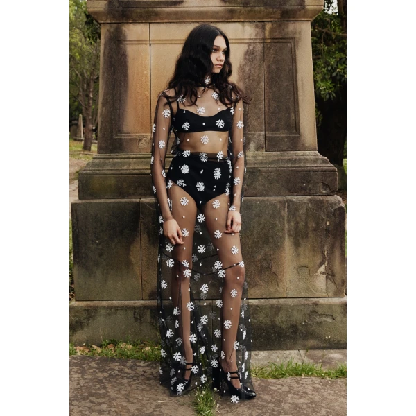 Macgraw Dorothea Skirt in Black and white Floral embroidery, view 2