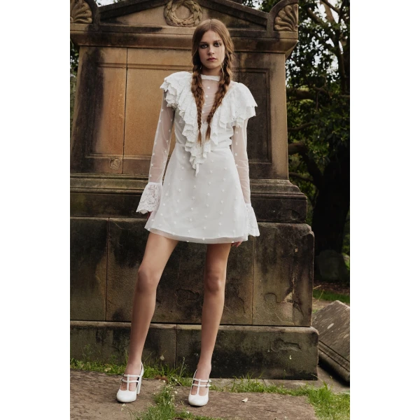 Macgraw Friday Mini Dress in Ivory Tulle lace, view 3