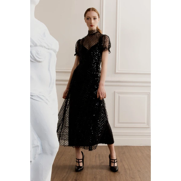 Macgraw Porcelain Dress in Black Sequin, view 2