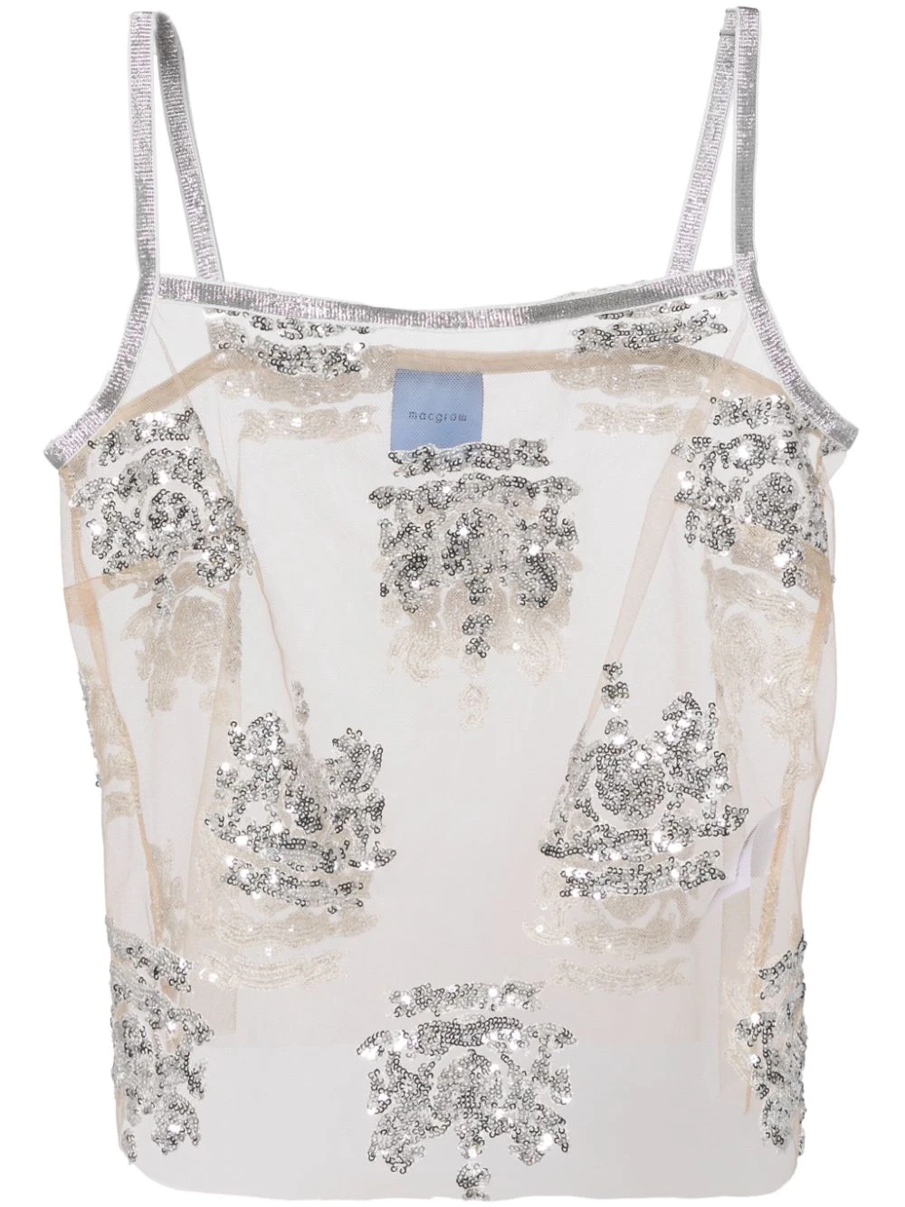 Macgraw Post Grad Top in Silver sequin crest
