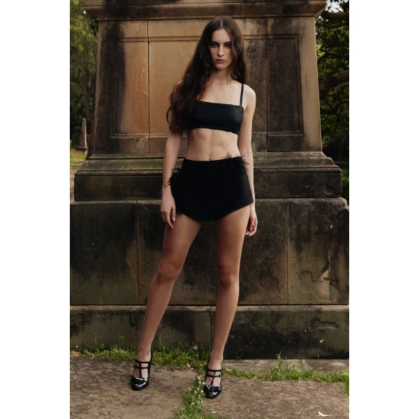 Macgraw That’s Hot Pant in black with feather appliqué, view 2