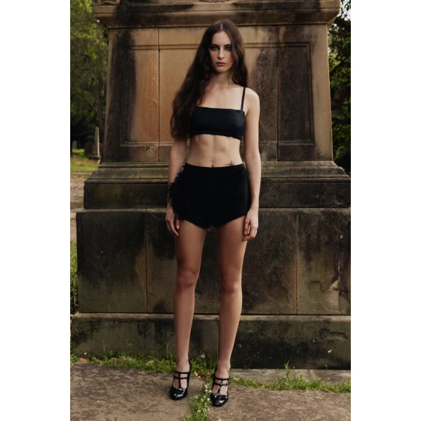 Macgraw That’s Hot Pant in black with feather appliqué, view 3