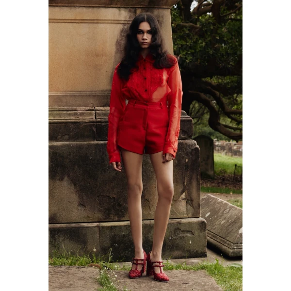 Macgraw Tuxedo Sheer Blouse in Red Silk organza, view 2