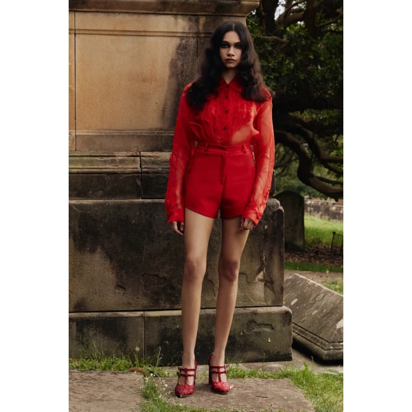 Macgraw Tuxedo Sheer Blouse in Red Silk organza, view 3