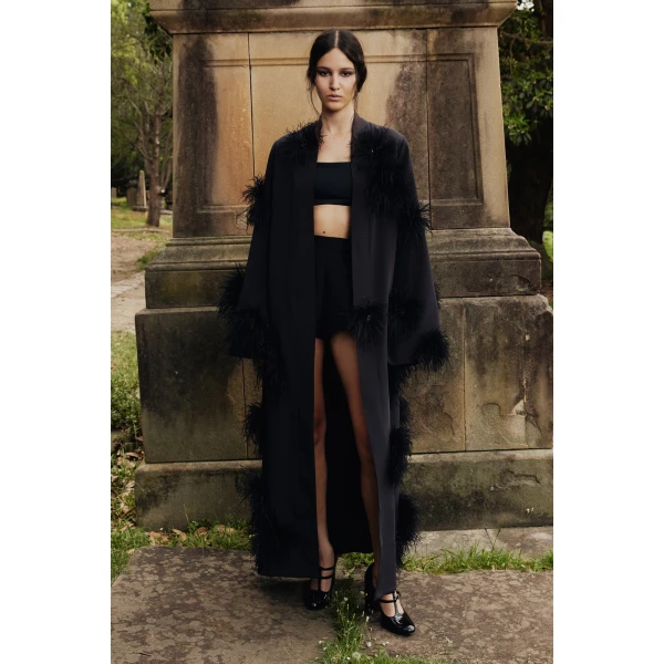 Macgraw Verger Robe in Black with feather appliqué, view 2