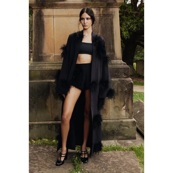 Macgraw Verger Robe in Black with feather appliqué, view 3