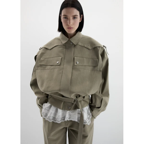 Magda Butrym Cotton utility jacket with belt in khaki, view 2