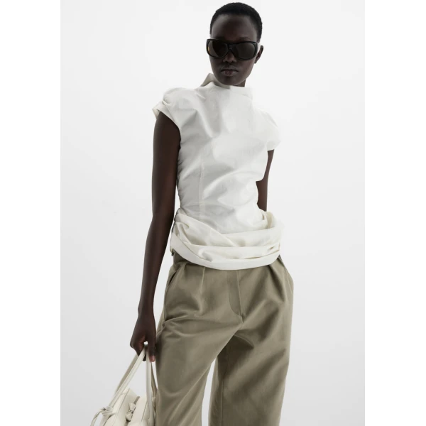Magda Butrym Fitted draped blouse with stand collar in cream, view 2