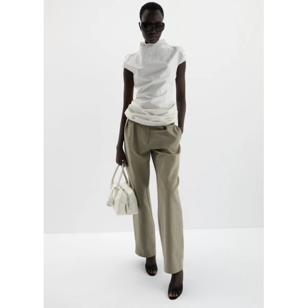 Magda Butrym Fitted draped blouse with stand collar in cream, view 3