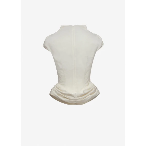 Magda Butrym Fitted draped blouse with stand collar in cream, view 4
