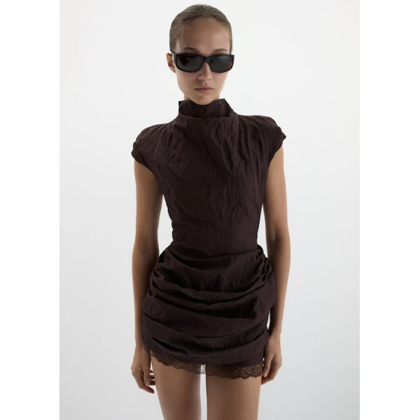 Magda Butrym Fitted draped mini dress with stand collar in brown, view 2
