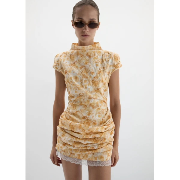 Magda Butrym Fitted draped mini dress with stand collar in yellow print, view 2