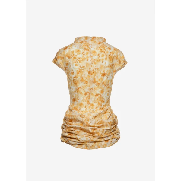 Magda Butrym Fitted draped mini dress with stand collar in yellow print, view 3