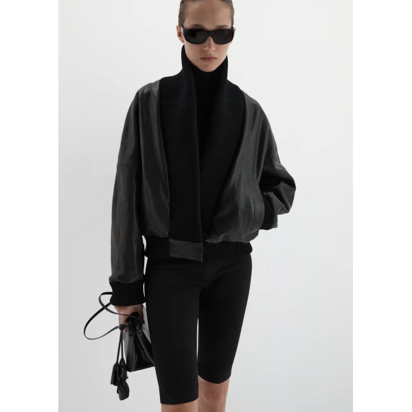 Magda Butrym Leather bomber jacket with knit shawl collar in black, view 2
