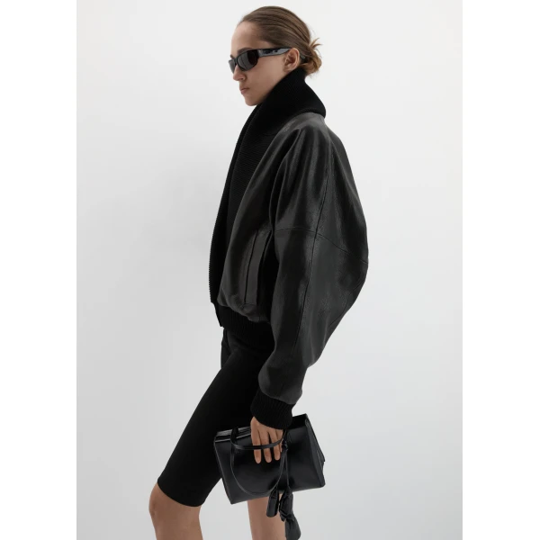Magda Butrym Leather bomber jacket with knit shawl collar in black, view 3