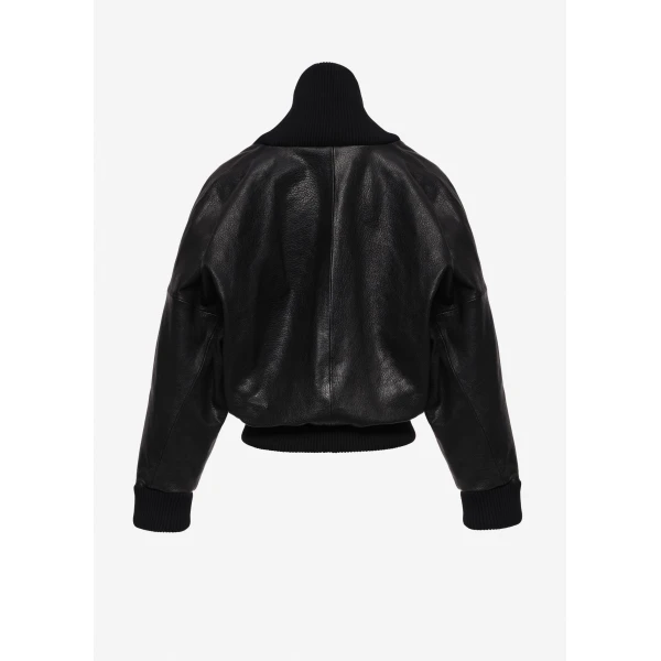 Magda Butrym Leather bomber jacket with knit shawl collar in black, view 4