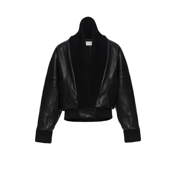 Magda Butrym Leather bomber jacket with knit shawl collar in black