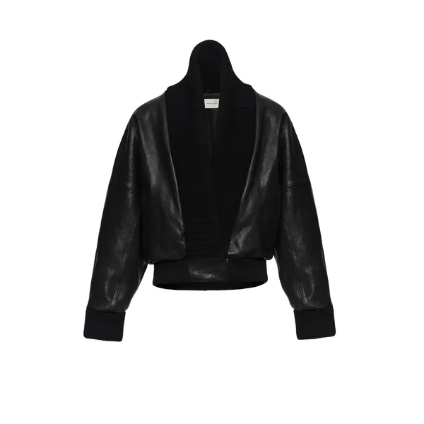 Leather bomber jacket with knit shawl collar in black
