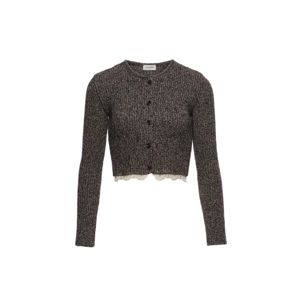 Long-sleeve crochet-trim cropped cardigan in black