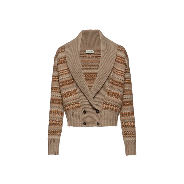 Patterned cashmere cardigan with shawl collar in camel