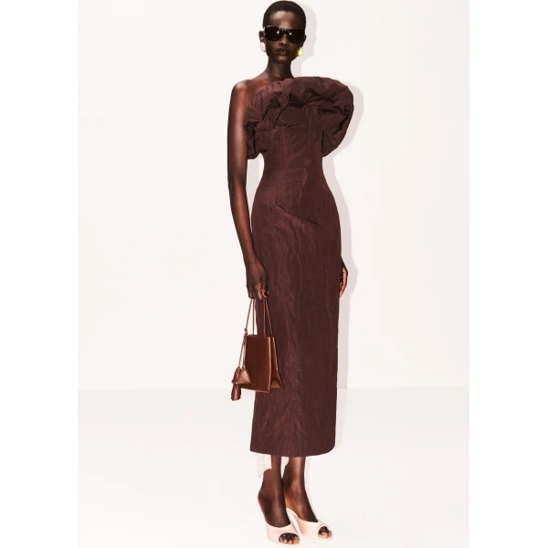 Magda Butrym Sculptural neckline fitted dress in brown, view 4