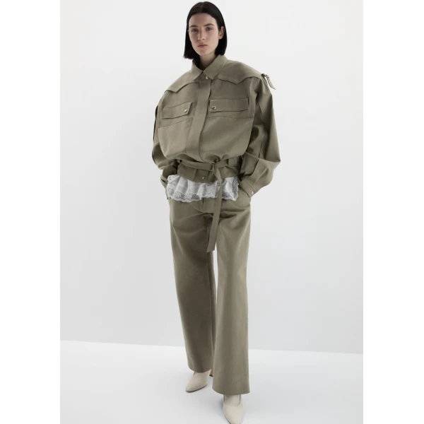 Magda Butrym Straight-leg cotton trousers with front pleats in khaki, view 3