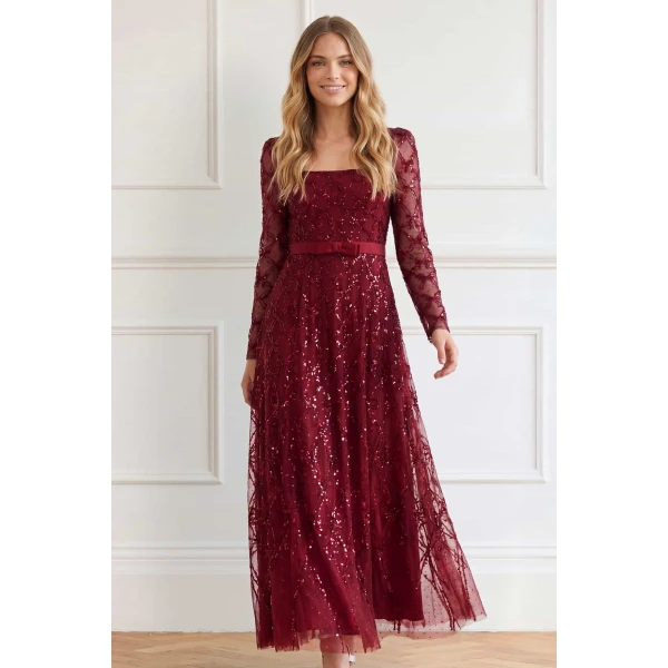 Needle and Thread Bow Lattice Long Sleeve Ankle Gown in Garnet, view 2