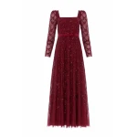 Needle and Thread Bow Lattice Long Sleeve Ankle Gown in Garnet