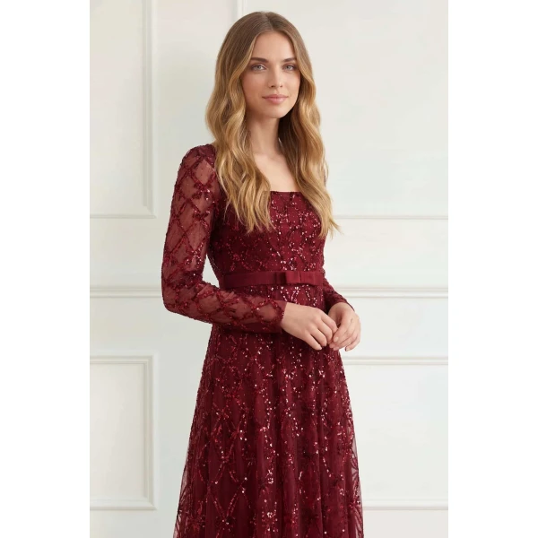 Needle and Thread Bow Lattice Long Sleeve Ankle Gown in Garnet, view 3