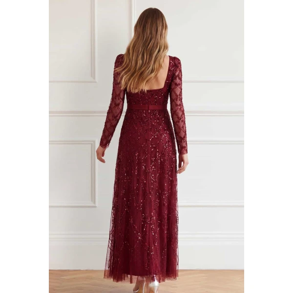 Needle and Thread Bow Lattice Long Sleeve Ankle Gown in Garnet, view 4