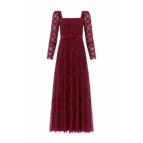 Needle and Thread Bow Lattice Long Sleeve Ankle Gown in Garnet