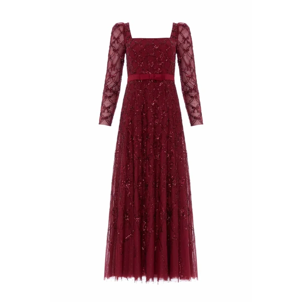 Needle and Thread Bow Lattice Long Sleeve Ankle Gown in Garnet