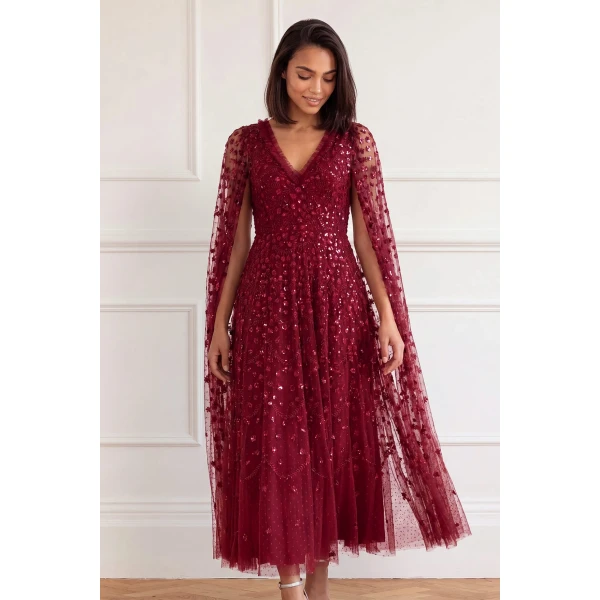 Needle and Thread Clover Cape Sleeve Ankle Gown in Garnet, view 2