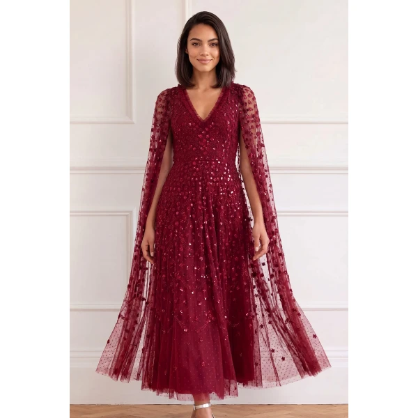 Needle and Thread Clover Cape Sleeve Ankle Gown in Garnet, view 3
