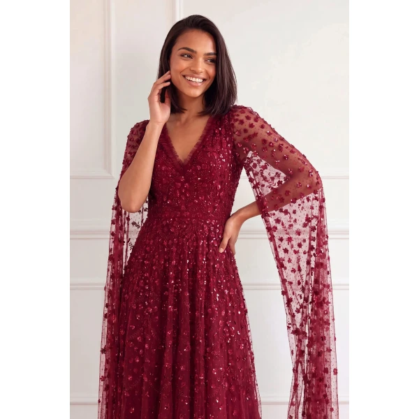 Needle and Thread Clover Cape Sleeve Ankle Gown in Garnet, view 4