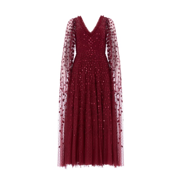 Needle and Thread Clover Cape Sleeve Ankle Gown in Garnet