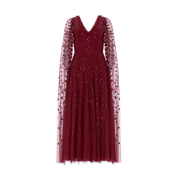 Needle and Thread Clover Cape Sleeve Ankle Gown in Garnet