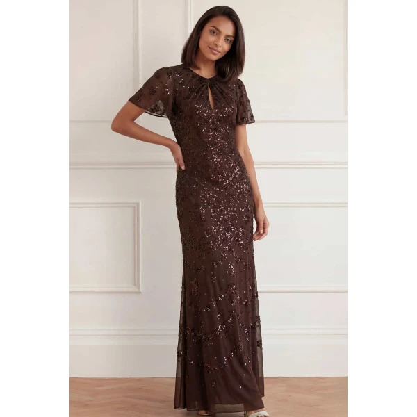 Needle and Thread Freya Georgette Short Sleeve Gown in Espresso, view 2
