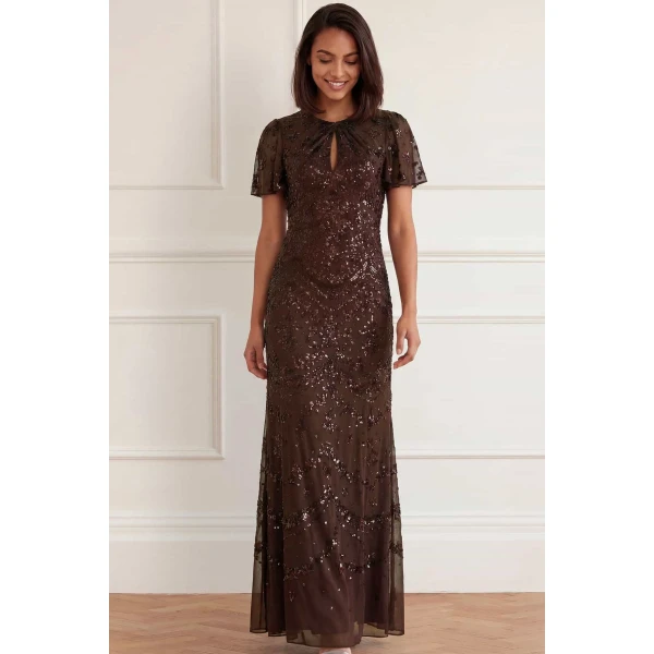 Needle and Thread Freya Georgette Short Sleeve Gown in Espresso, view 3